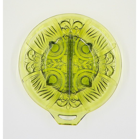Indiana Glass Killarney Green Avocado Handled Divided Relish Candy Nut Dish - Picture 7 of 10